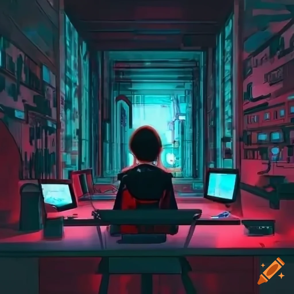 Anime Girl is programming at a computer in a room full of gadgets