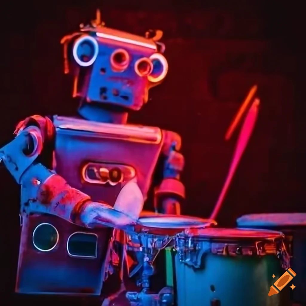 neon rusty robot playing drums
