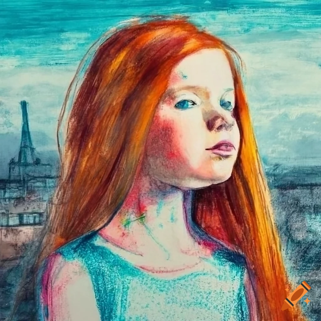 crayon drawing of a girl with red hair in an industrial landscape