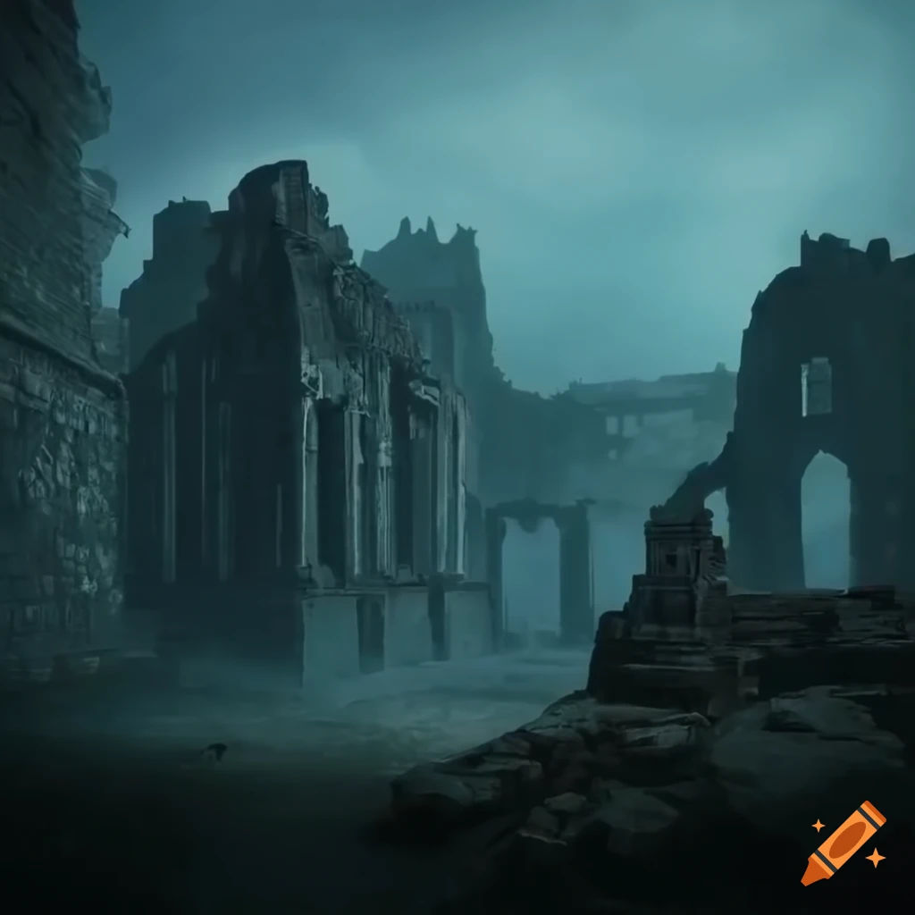 grey ash wasteland with old temple ruins