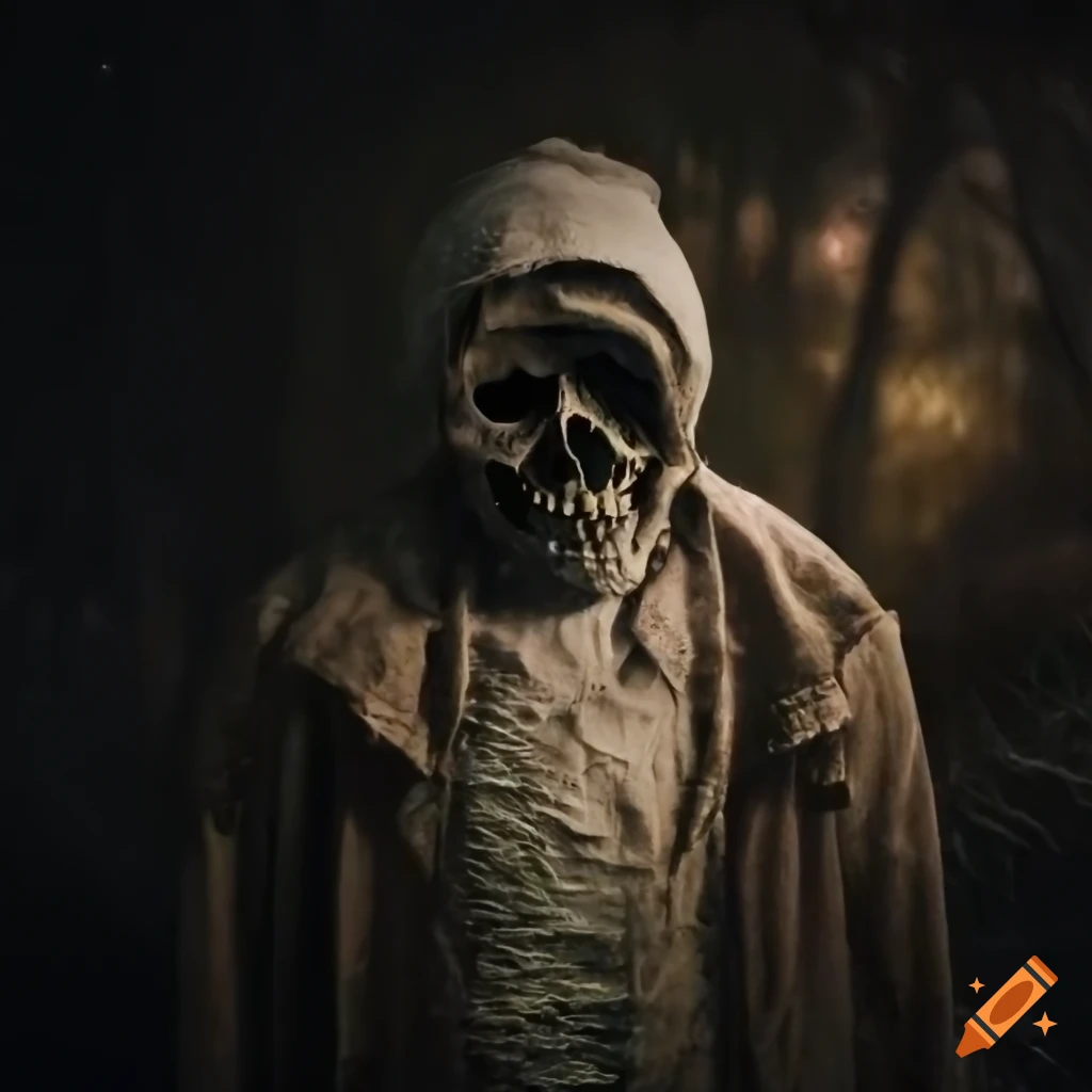 eerie scarecrow with skull in snowy forest at night