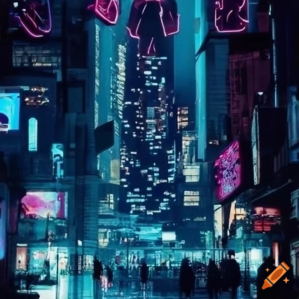 futuristic city with robots, flying cars, and neon signs