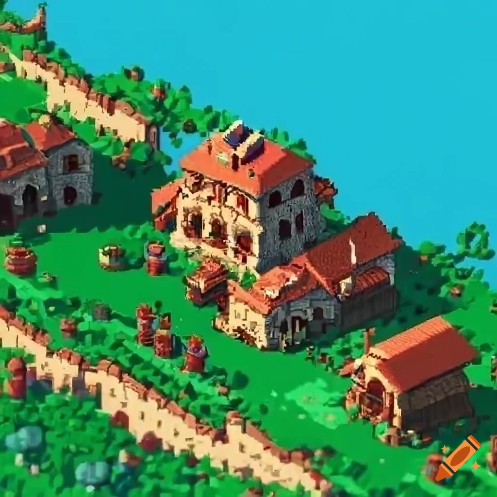 Pixel art of a byzantine village on Craiyon