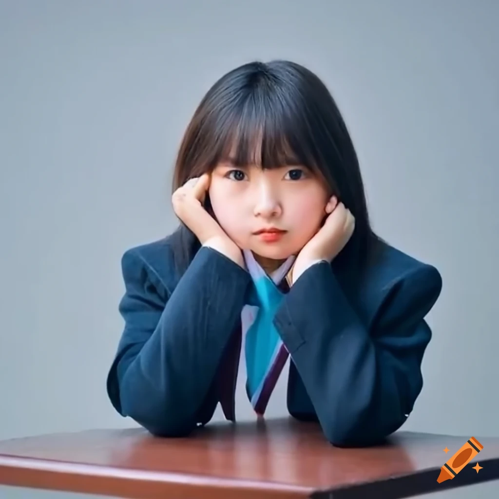 photo of a stylish Japanese schoolgirl sitting on a bench