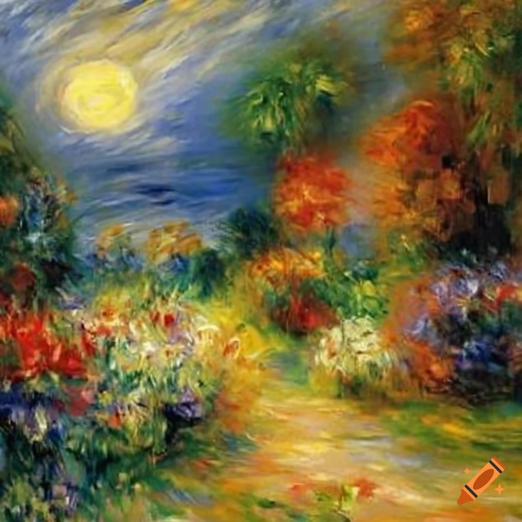 Oil painting of a garden with flowers at night on Craiyon