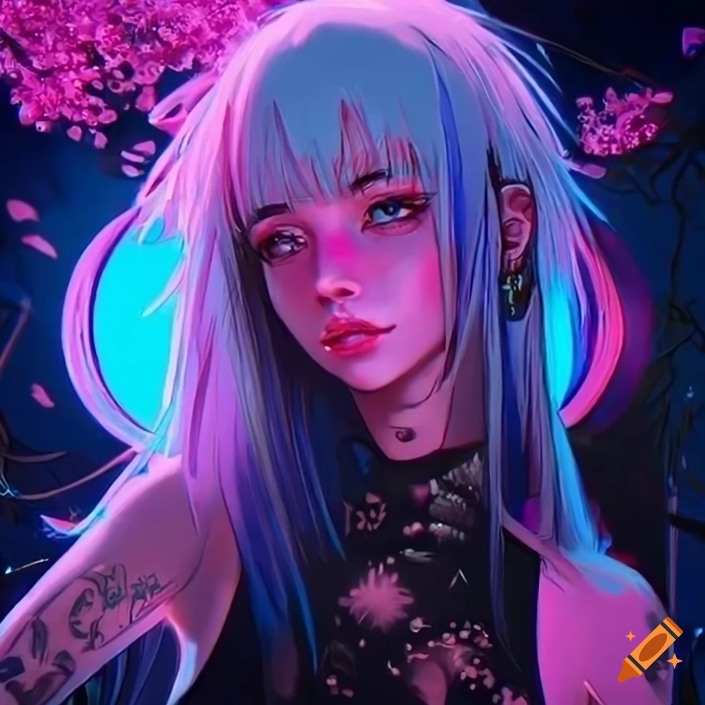 Realistic artwork of a cyberpunk girl under a cherry tree