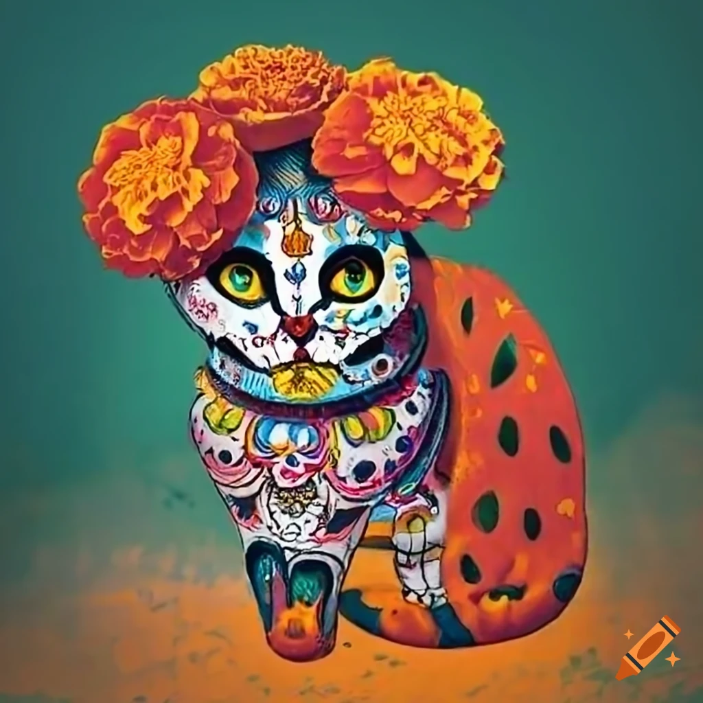 Day of the Dead style cat with orange marigolds