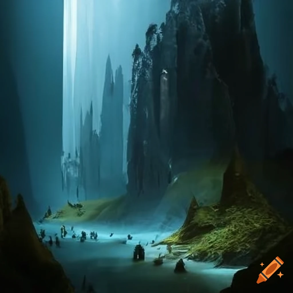 View inside a dark ravine between two landmasses on Craiyon