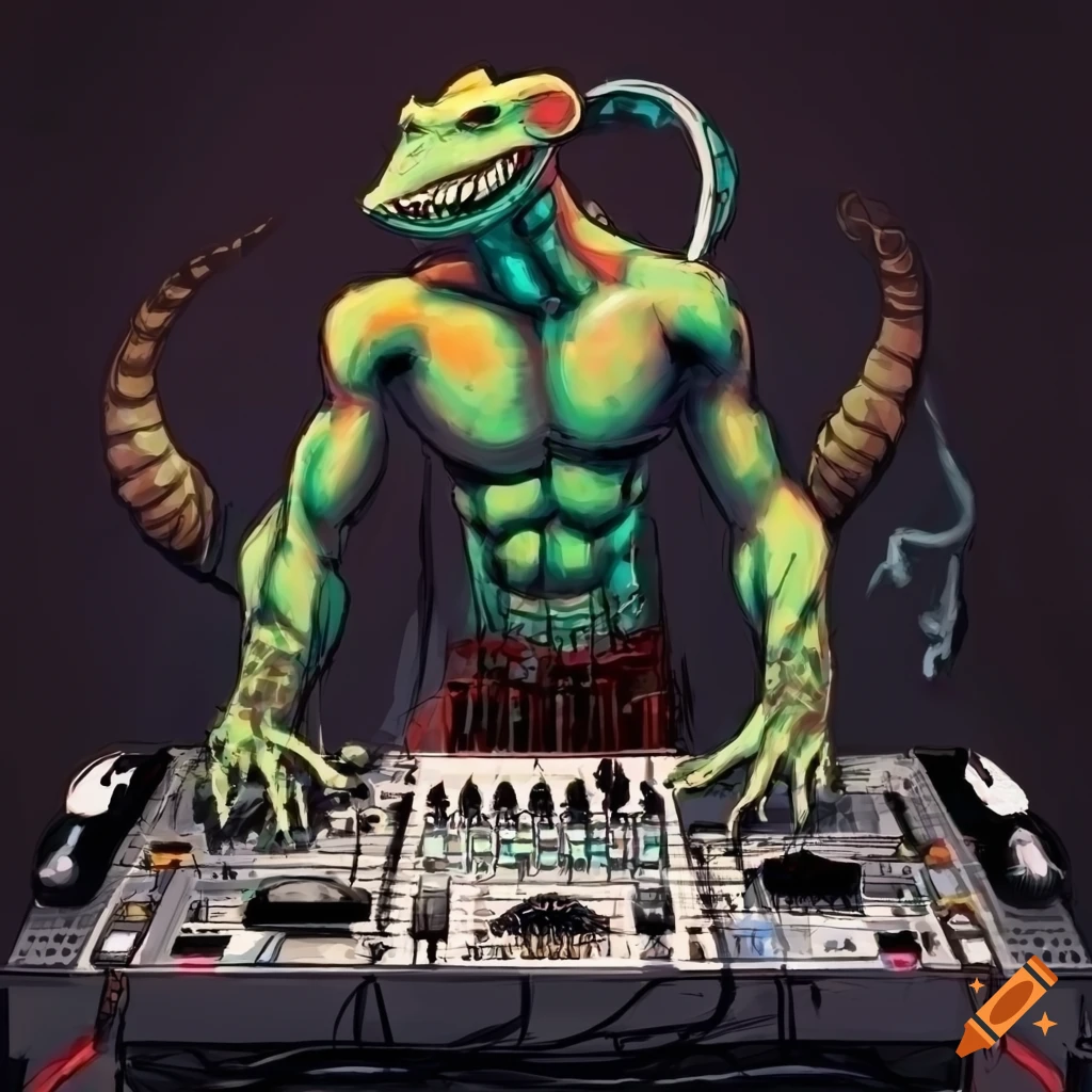 lizard DJ with headphones in Simon Bisley style