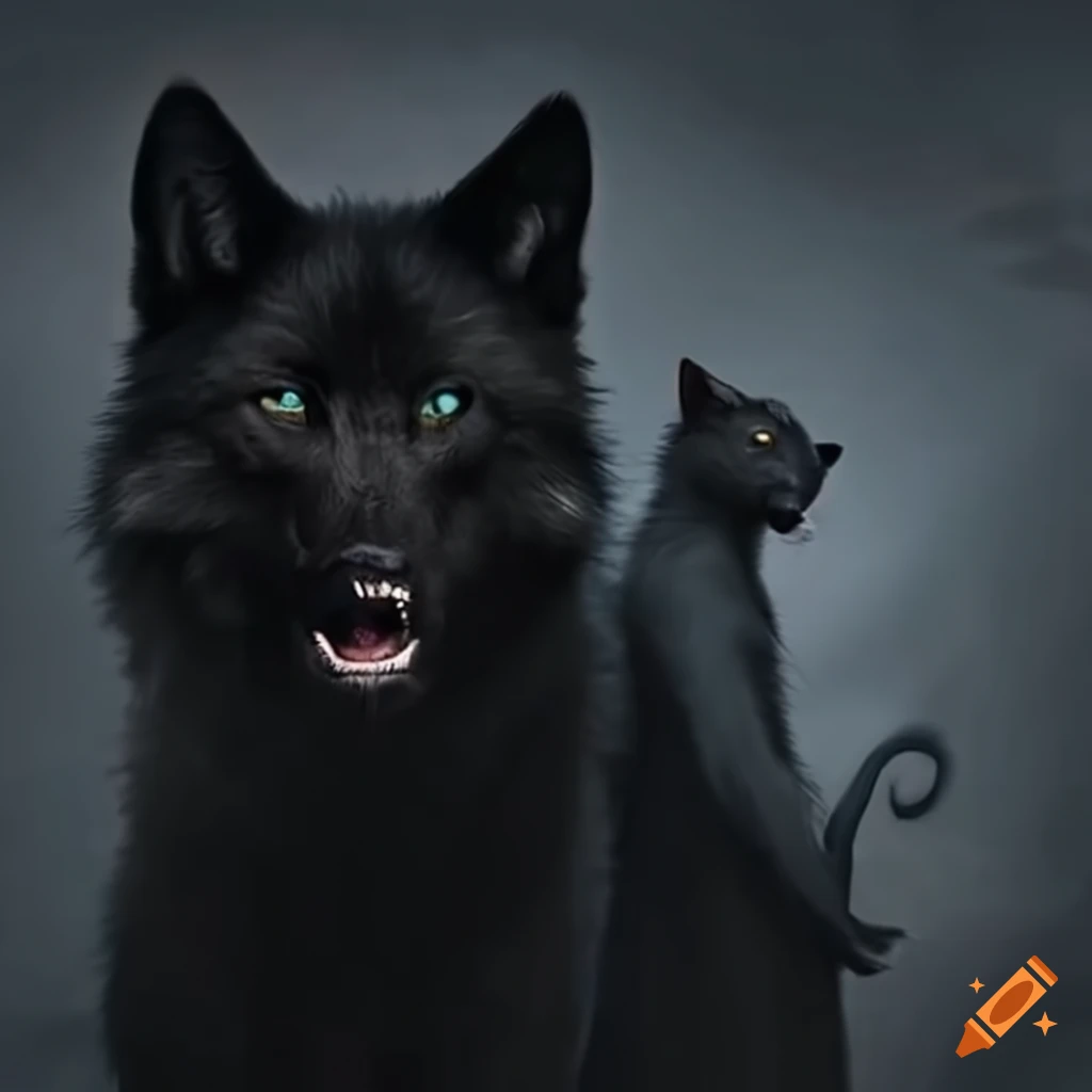 Image of a mysterious scene with a man, a woman, cats, and a black wolf ...