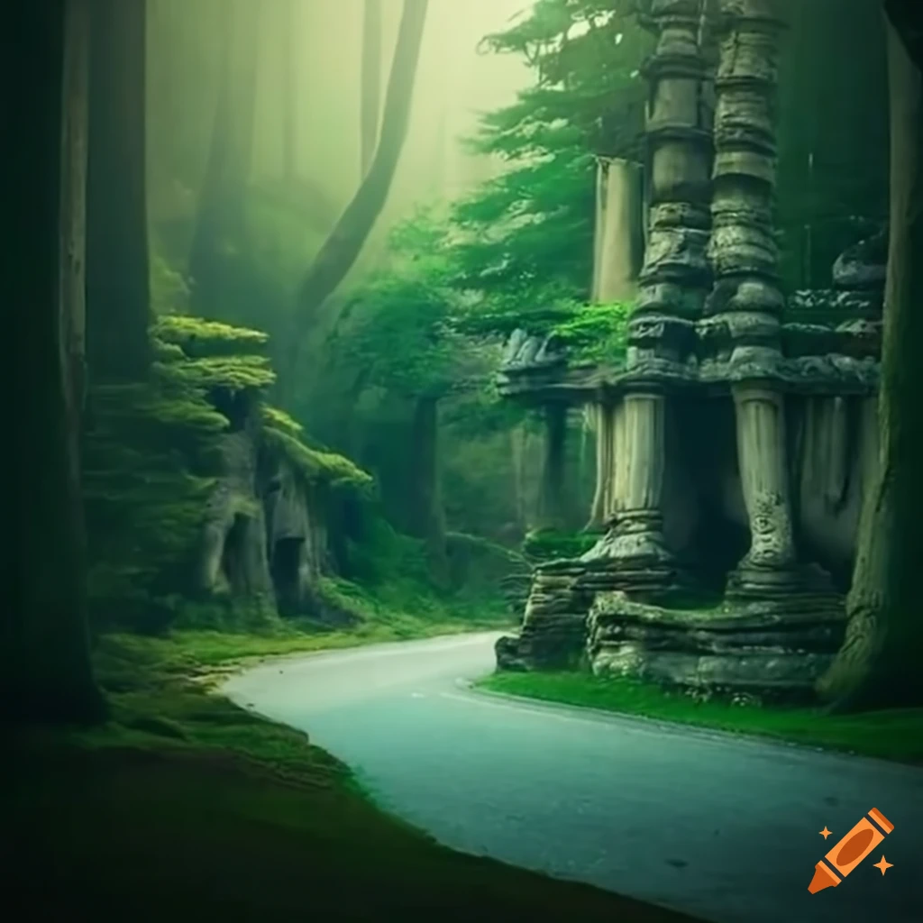 Pathway through a magical forest leading to a mysterious temple on Craiyon