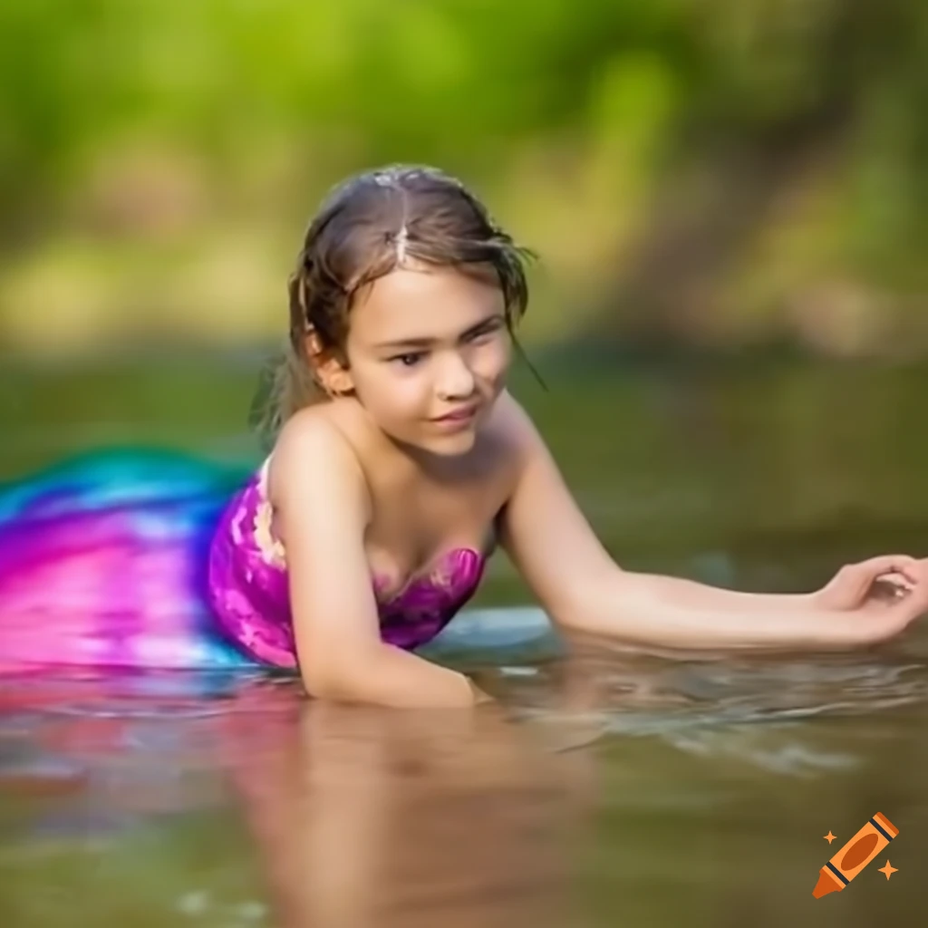  Mermaid child playing in river water on Craiyon