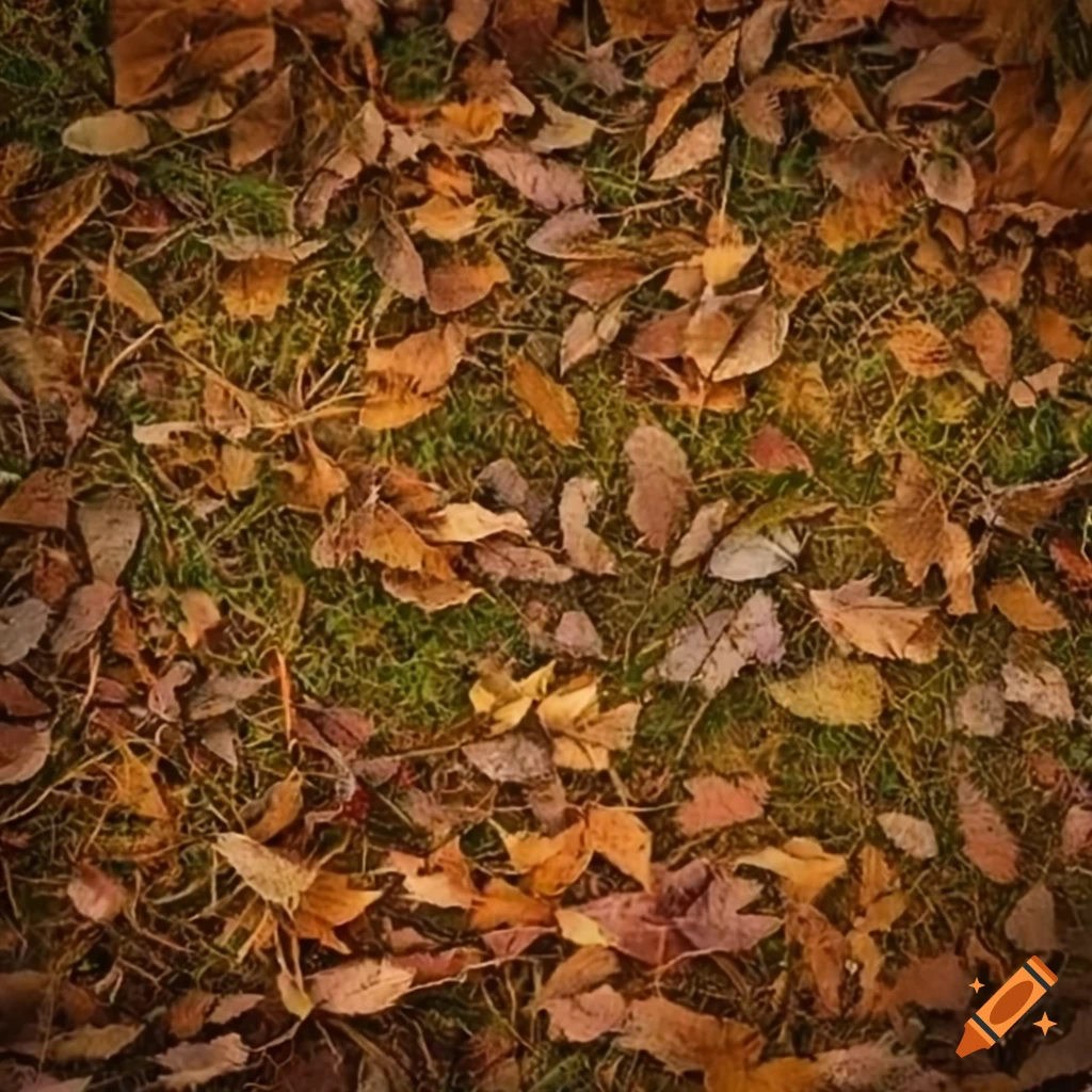 top-down view of a grass texture with autumn leaves