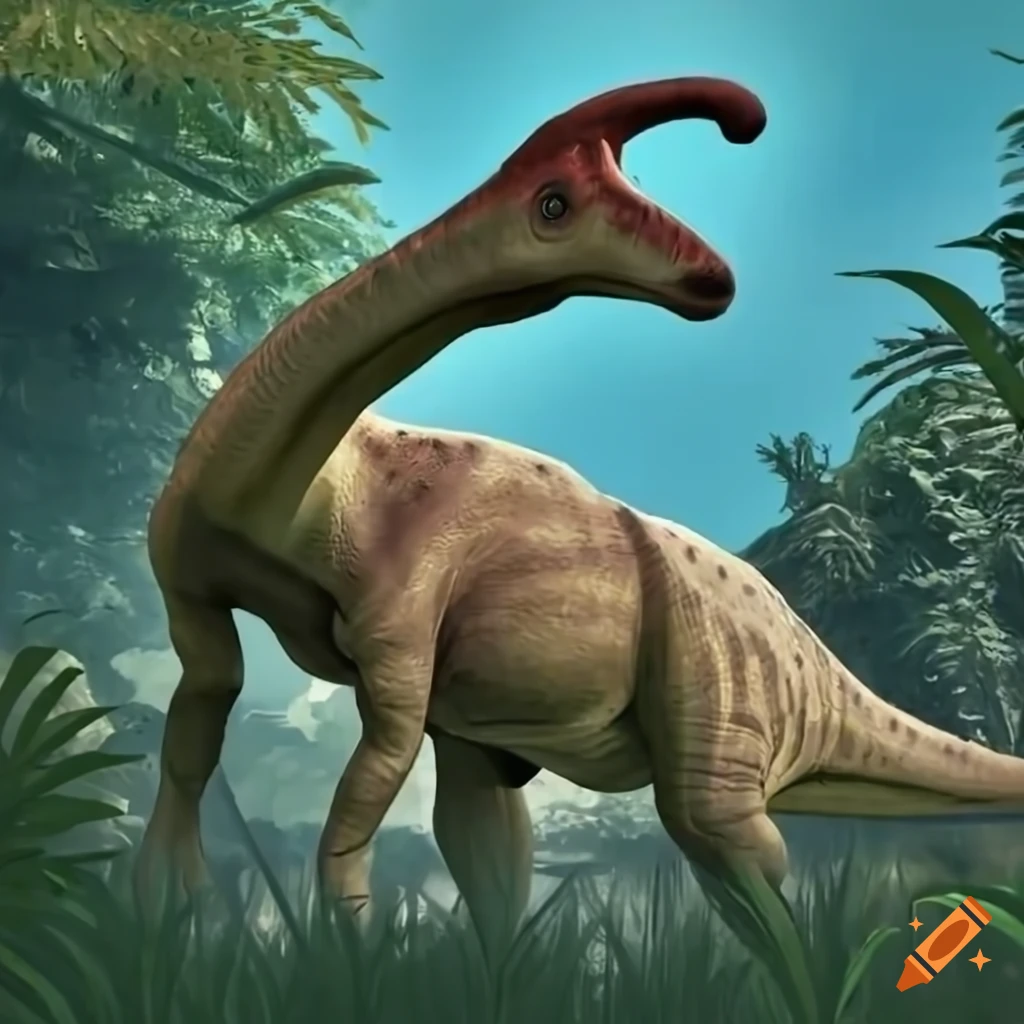 image of a giant beige parasaurolophus in the jungle