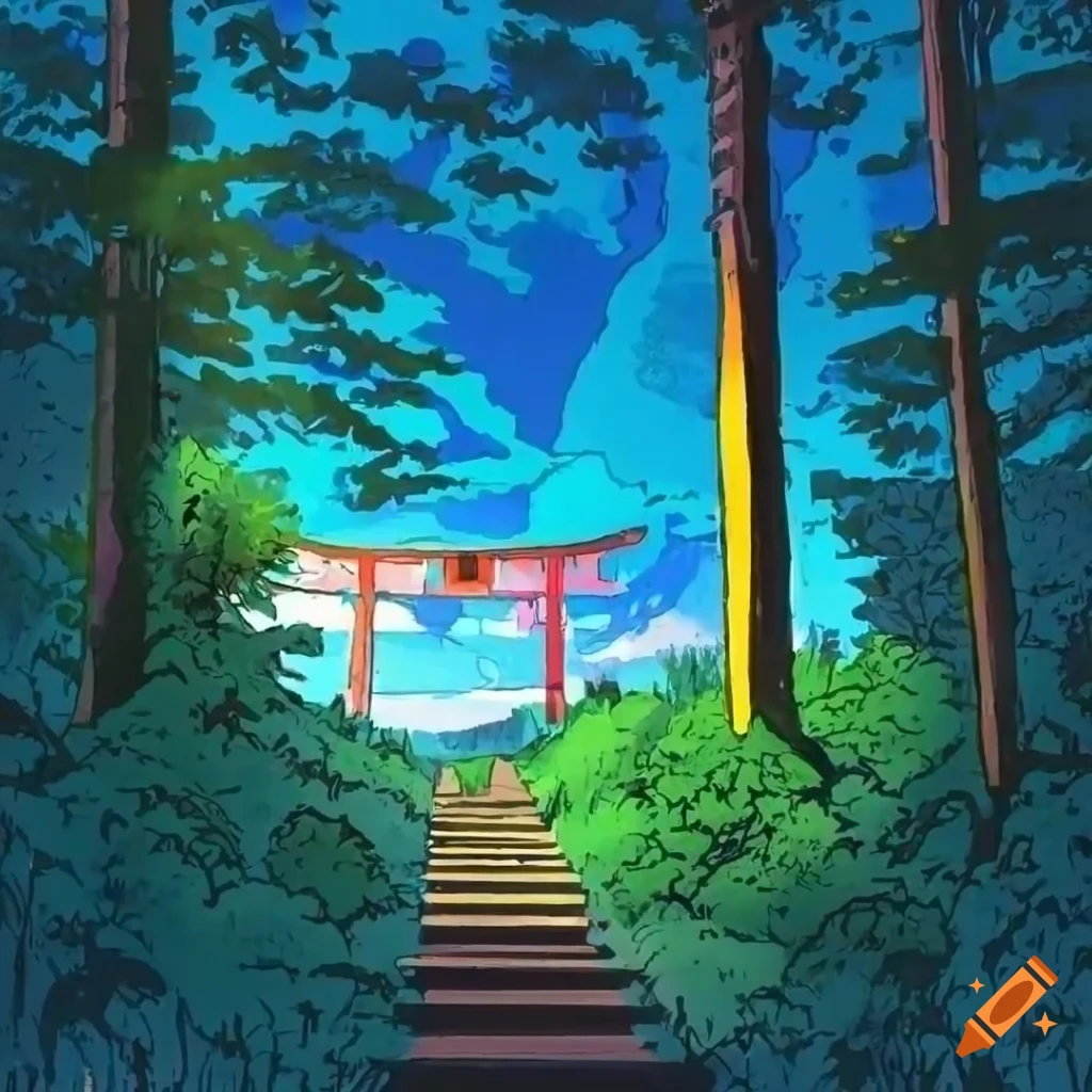 Pen And Ink Illustration Of Forest Stairs Leading To A Japanese Torii pen-and-ink-illustration-of-forest-stairs-leading-to-a-japanese-torii