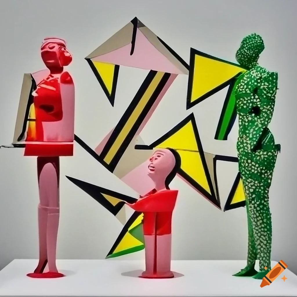 Pop art sculptures with geometric shapes and faces on Craiyon