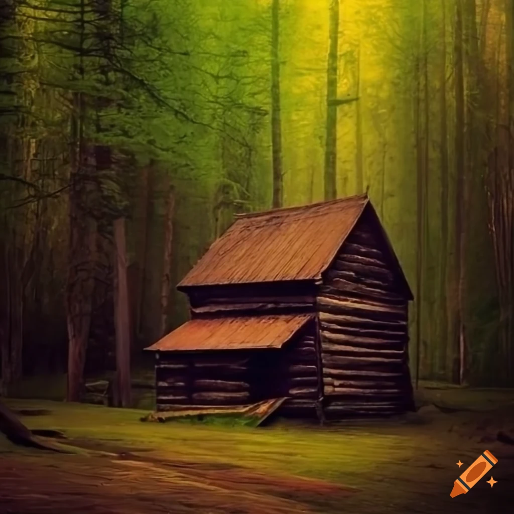 colorful old wooden cabin in a deep forest