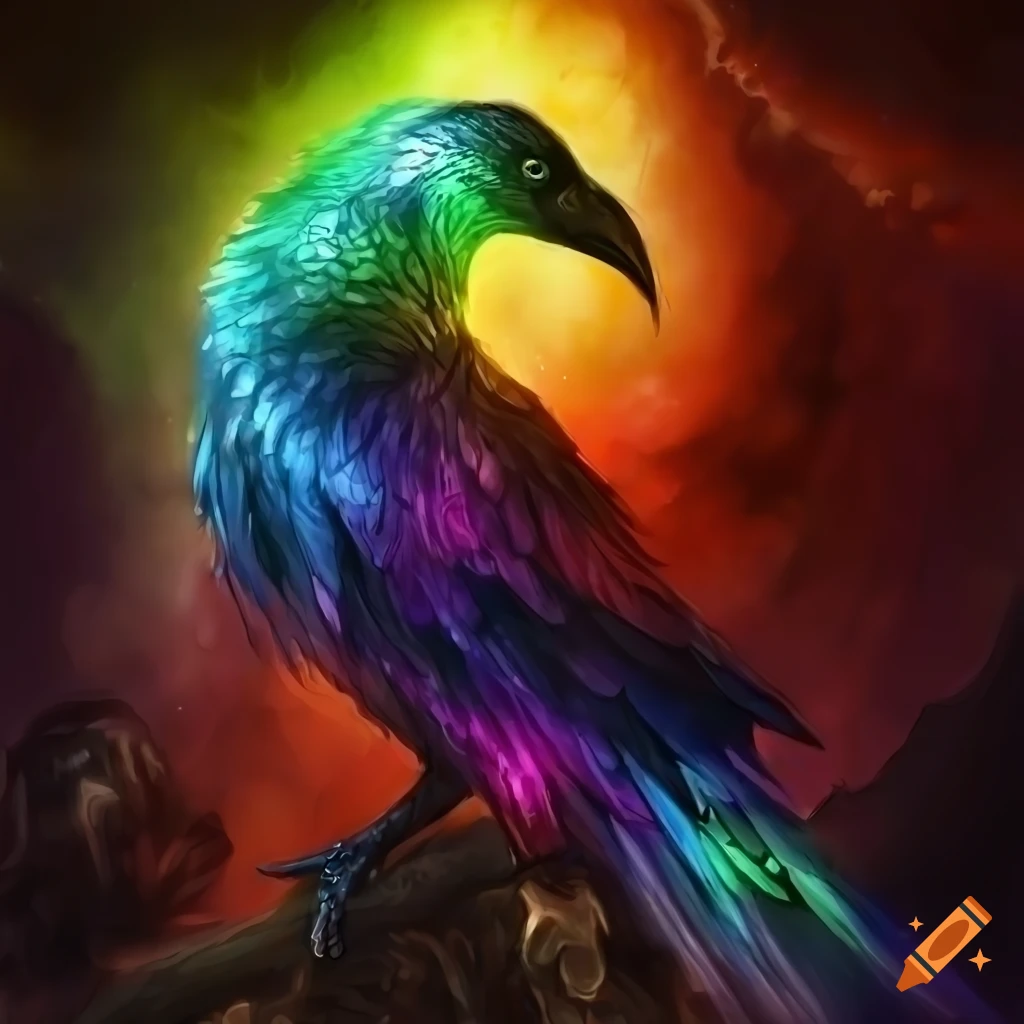 Fantasy art of a rainbow-colored raven on Craiyon