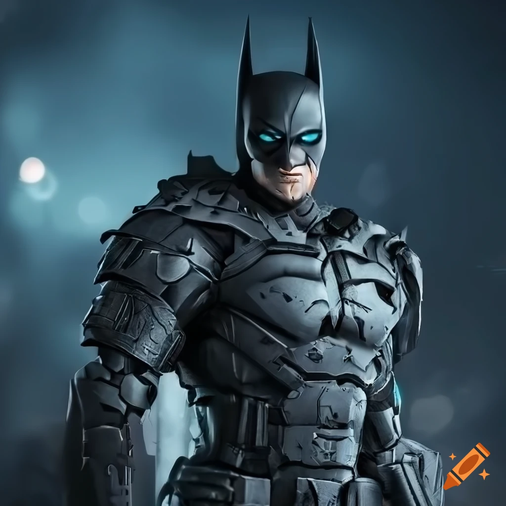 photo-realistic image of armored Batman in a futuristic city