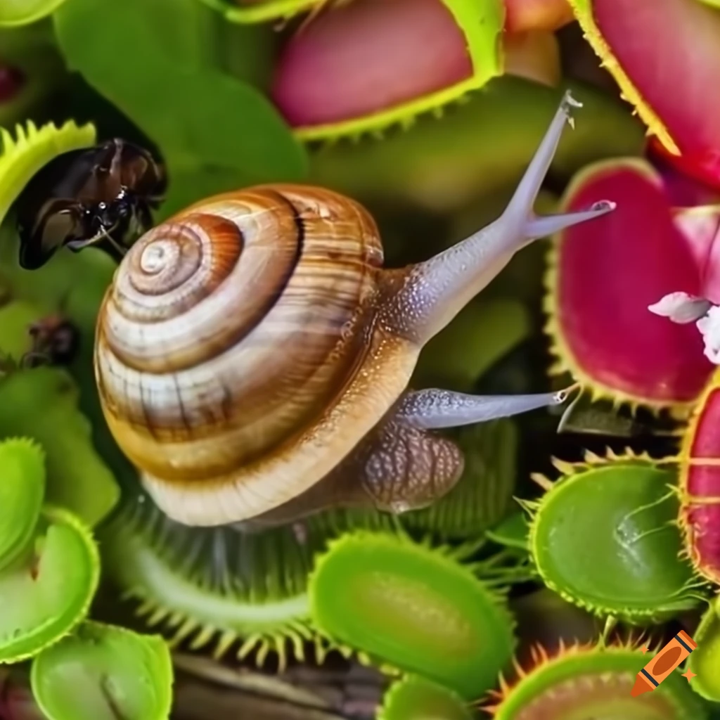 image of a snail with a venus fly trap surrounded by flowers and insects