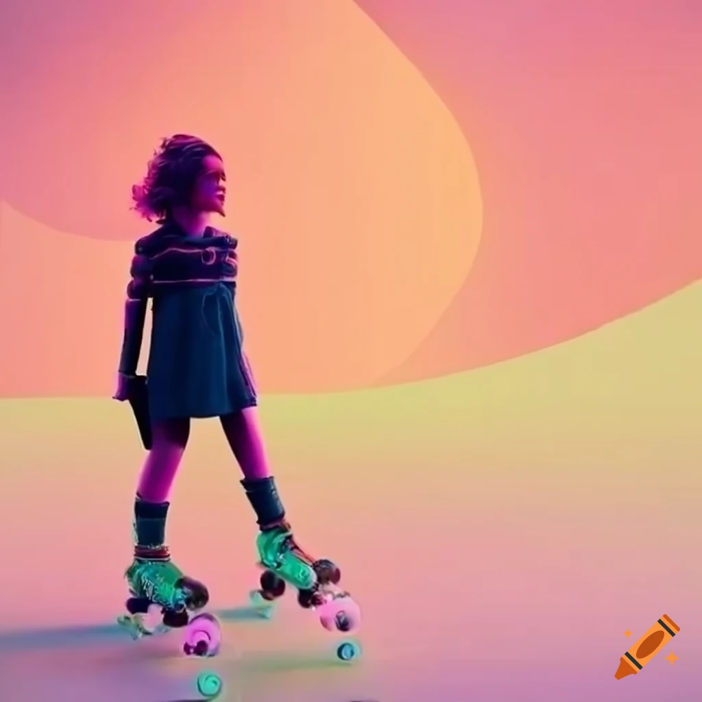 surrealistic roller skating scene with a young girl