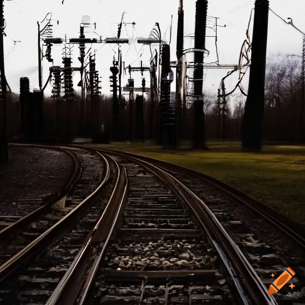 Power substation near railroad tracks on Craiyon