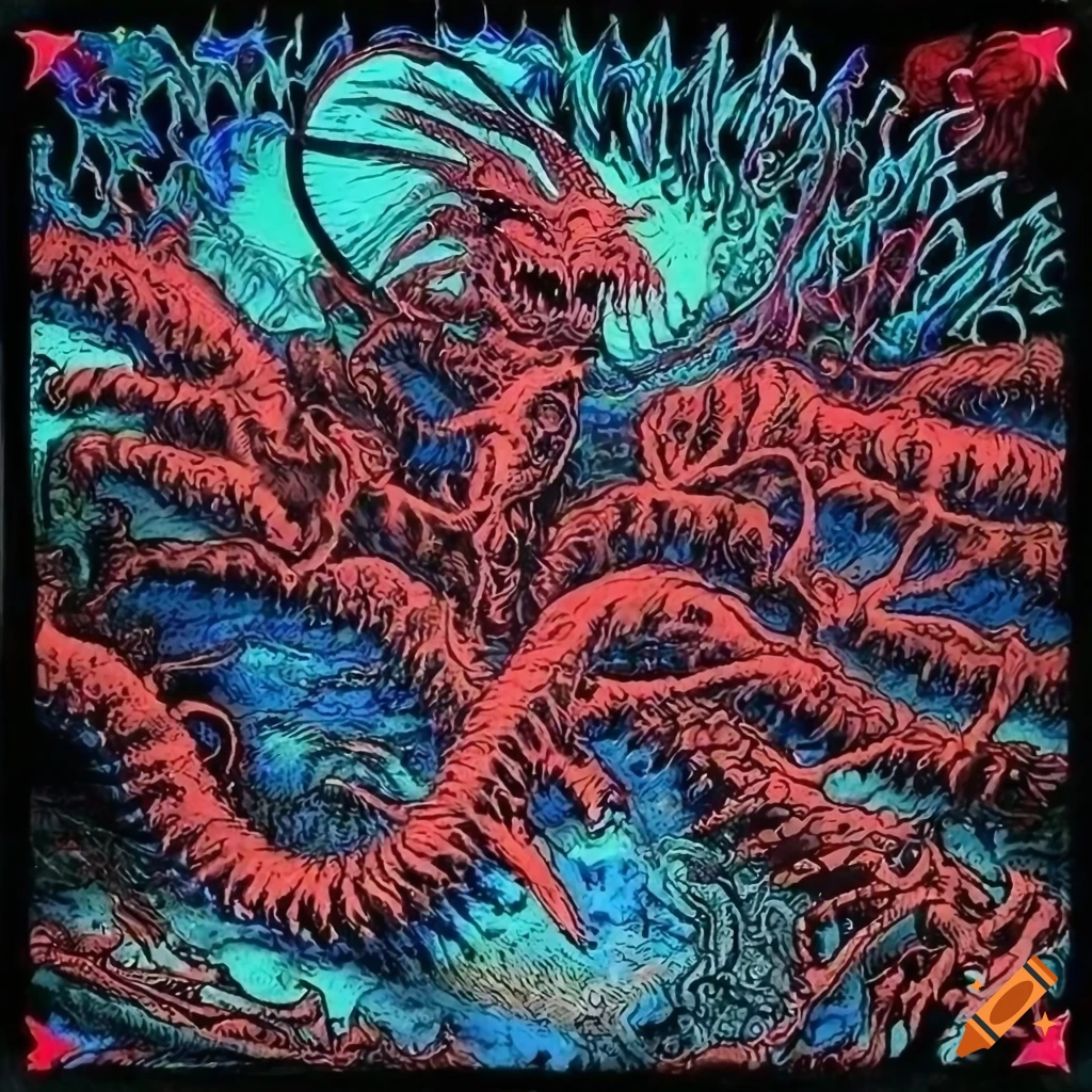 Intricate blacklight art of a red electric lightning in a haunted forest