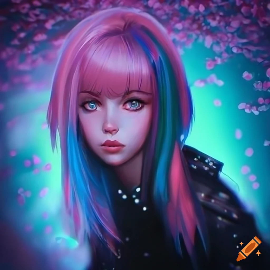 Realistic artwork of a cyberpunk girl with pastel hair and tattoos