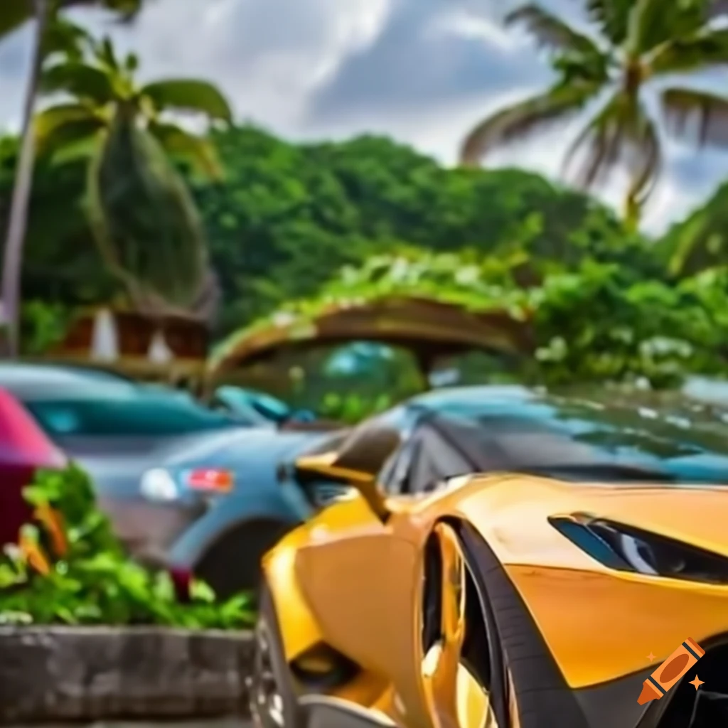 Luxury cars in front of a tropical villa on Craiyon