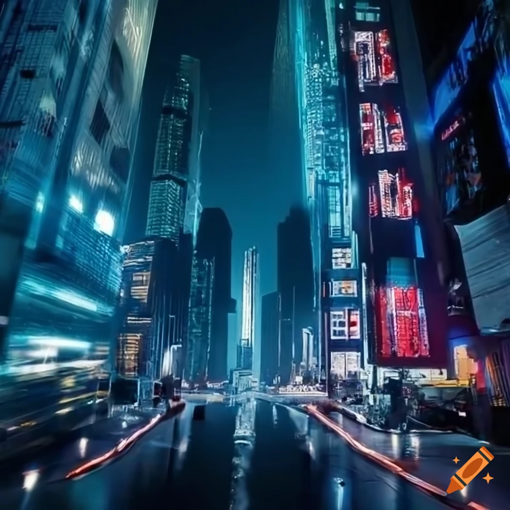 futuristic city with robots, flying cars, and neon lights