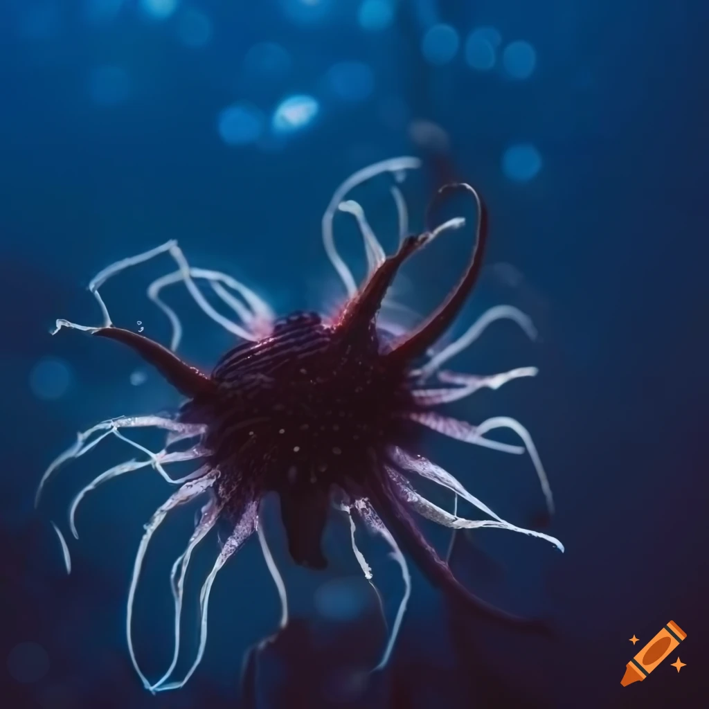 black sea creature in a dark blue underwater scene