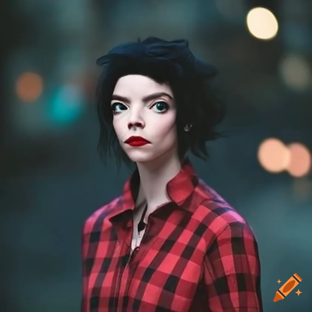 Anya taylorjoy as lisbeth salander in red plaid shirt and skinny jeans