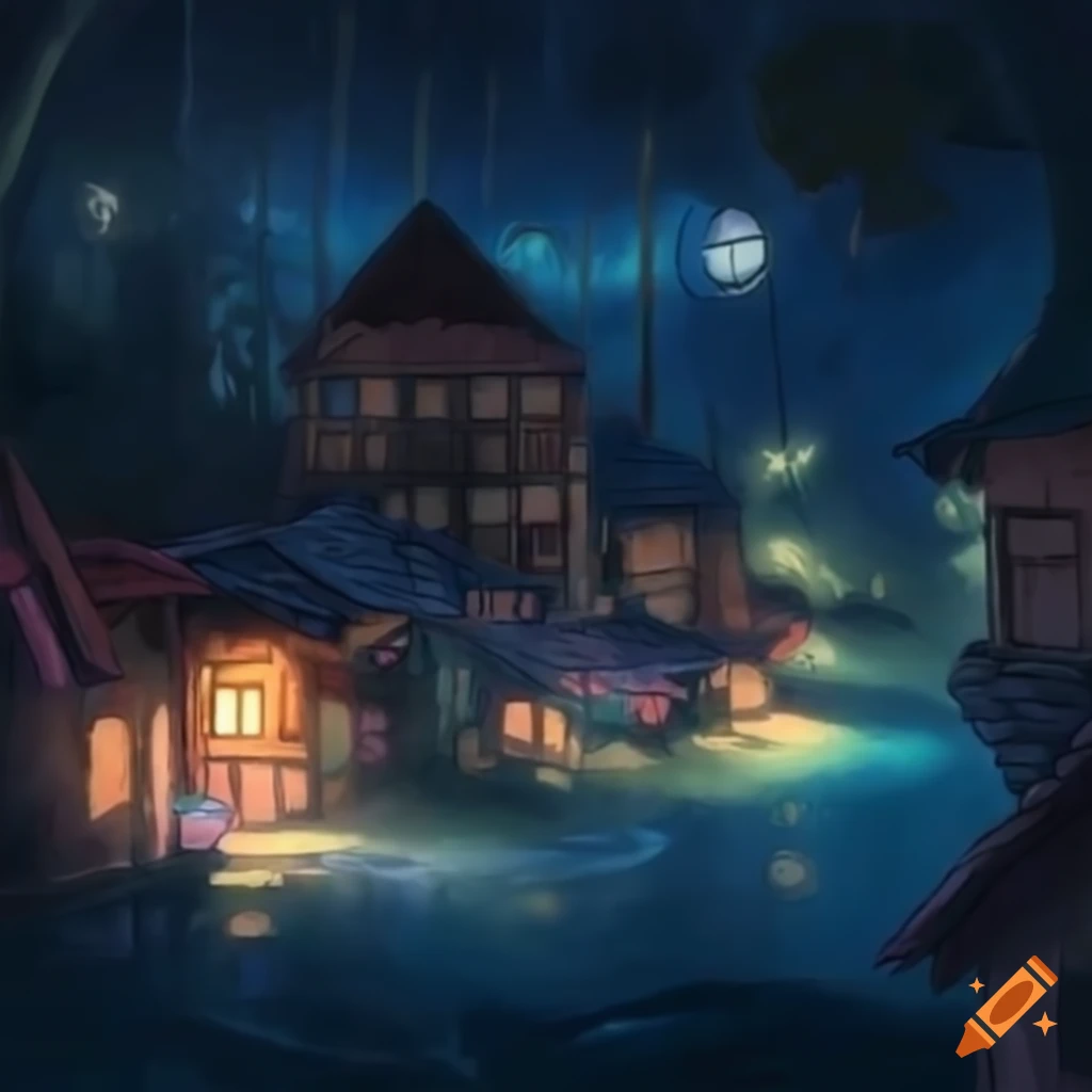 Studio Ghibli style shanty village by a river at night