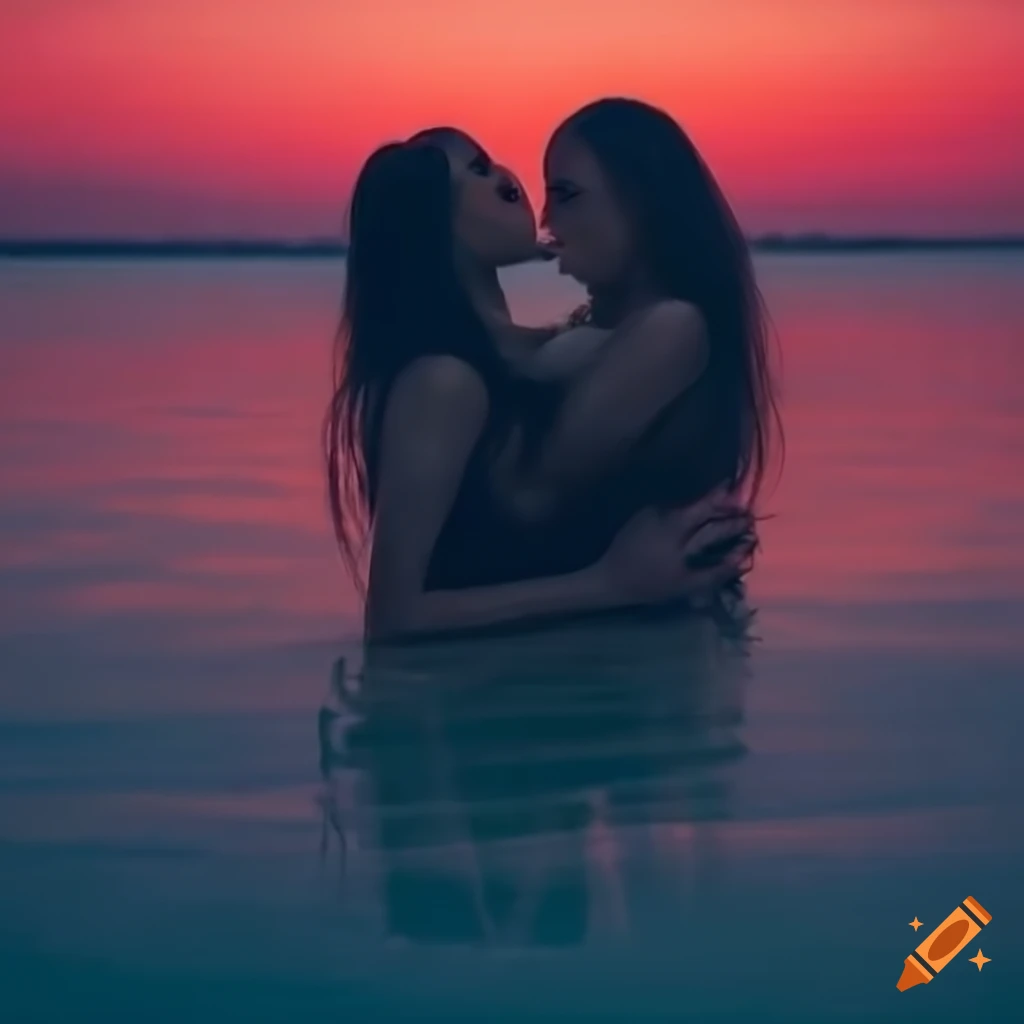 two women embracing in a lake under a red sky