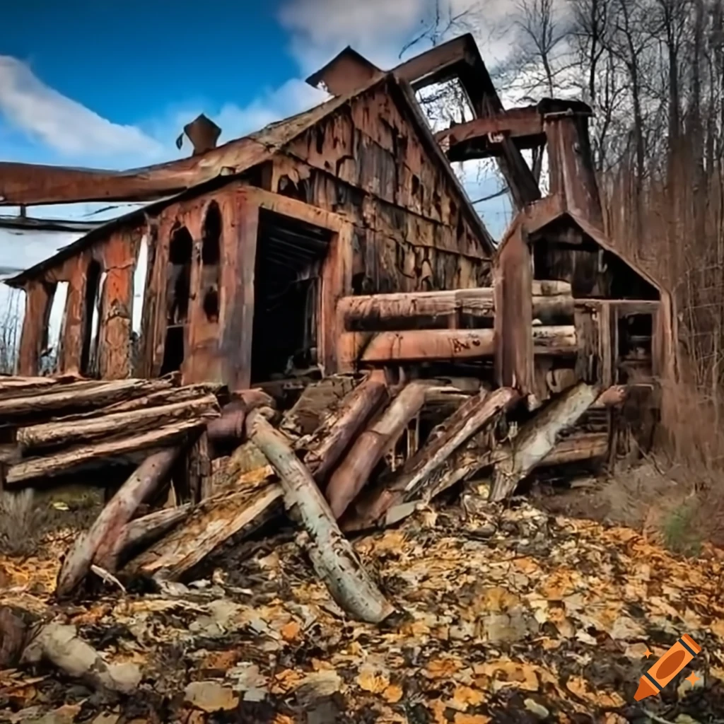 Abandoned lumber mill with rusty machinery on Craiyon