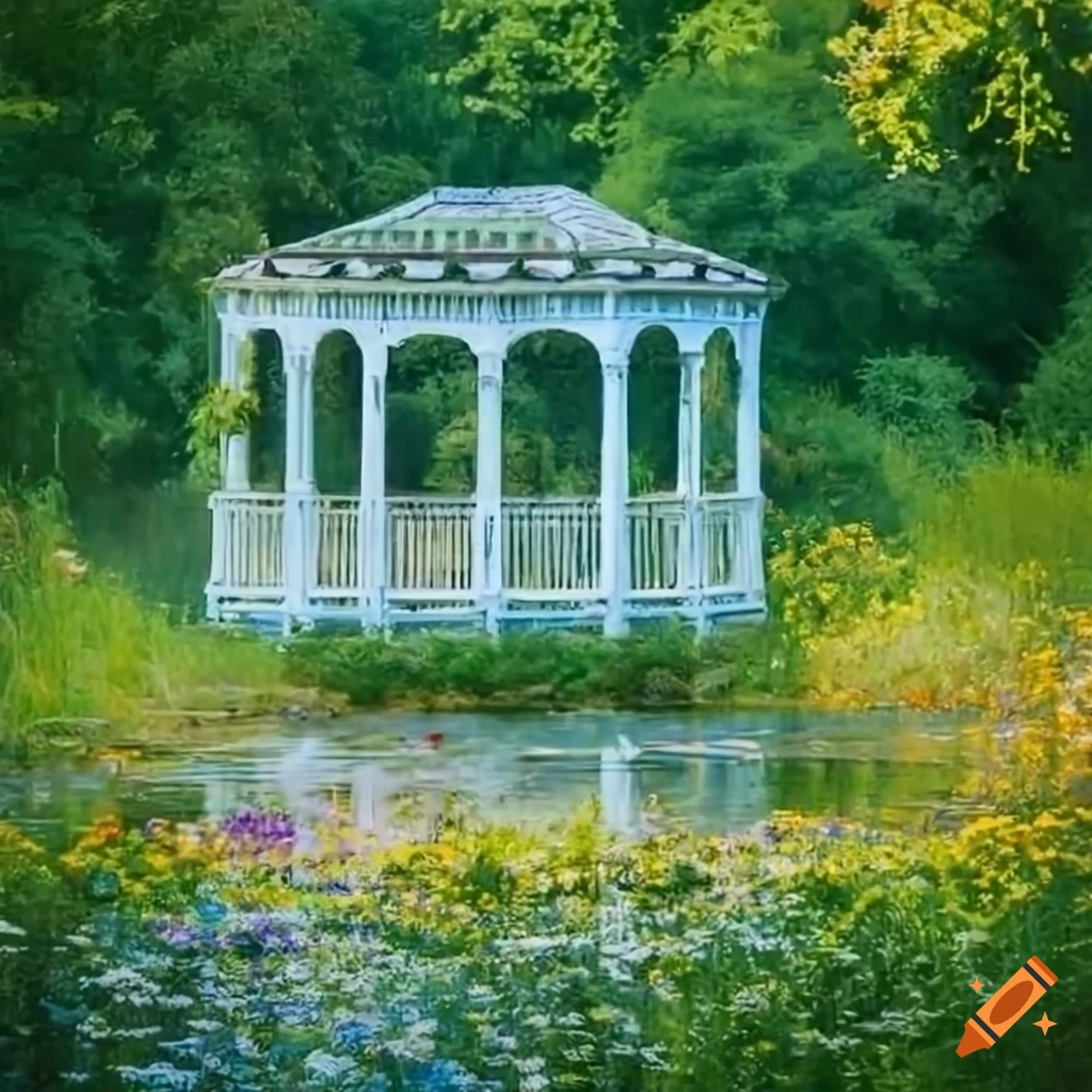 Rococo white gazebo in a vibrant flower meadow on Craiyon