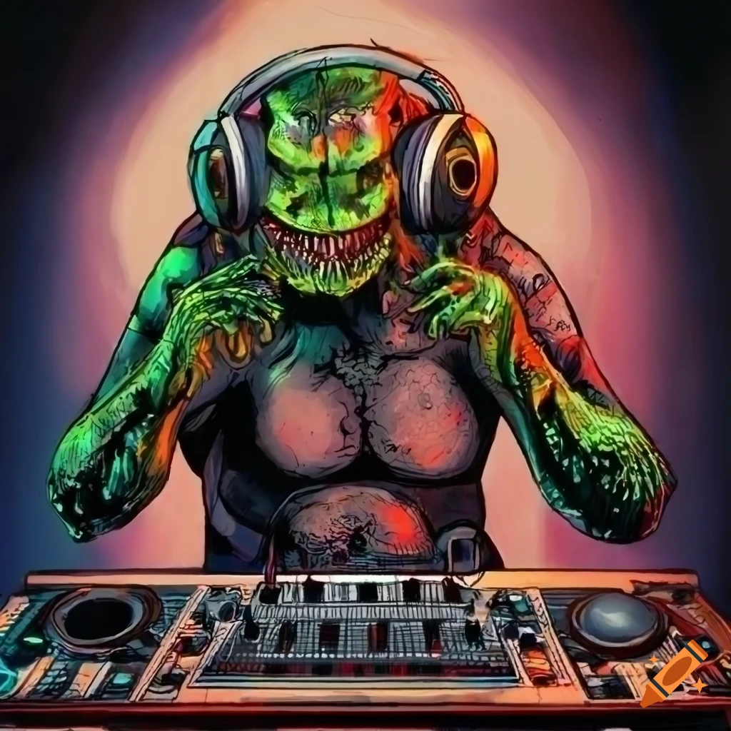 Simon Bisley-style artwork of a lizard DJ