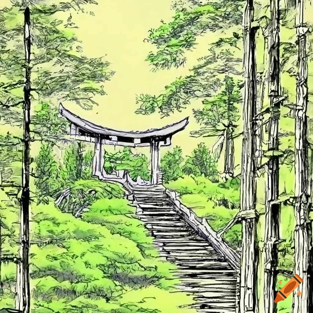 pen and ink illustration of forest stairs leading to a Japanese Torii