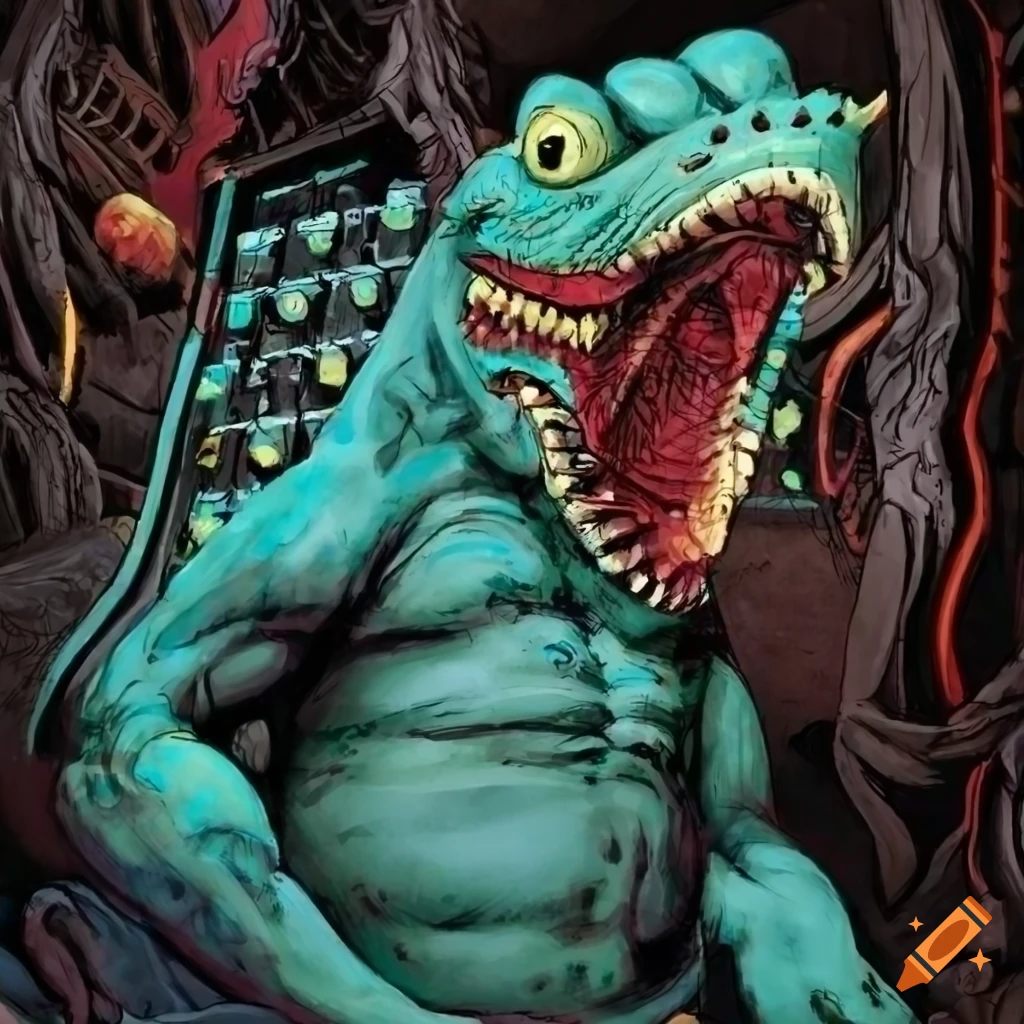 lizard DJ with headphones in Simon Bisley style