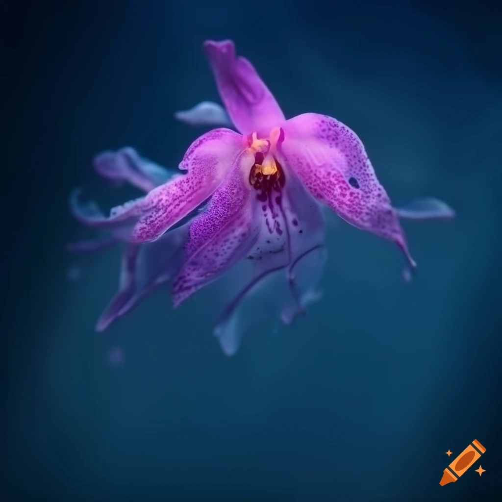 wild orchid sea creature in dark blue underwater scene
