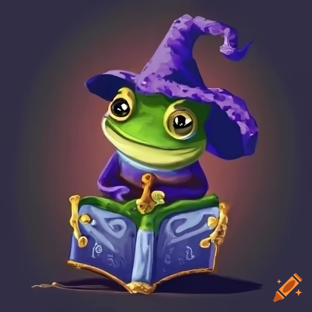 magical frog wearing a wizard hat and holding a spellbook