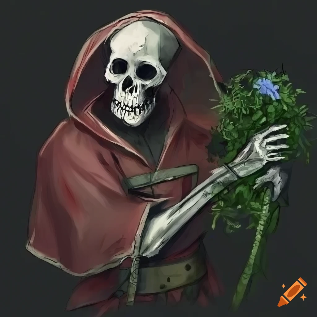 Digital art of a mysterious skeletal mage with a blue flower on Craiyon