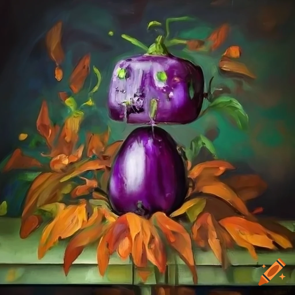 Abstract oil painting of a robot lady eating eggplants on Craiyon