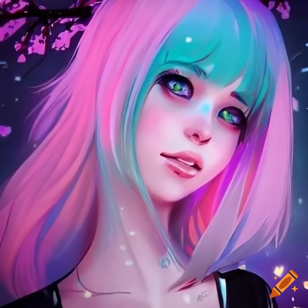 Realistic artwork of a cute cyberpunk girl with pastel hair