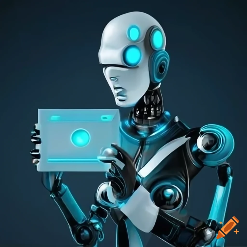 futuristic robot holding a digital wallet