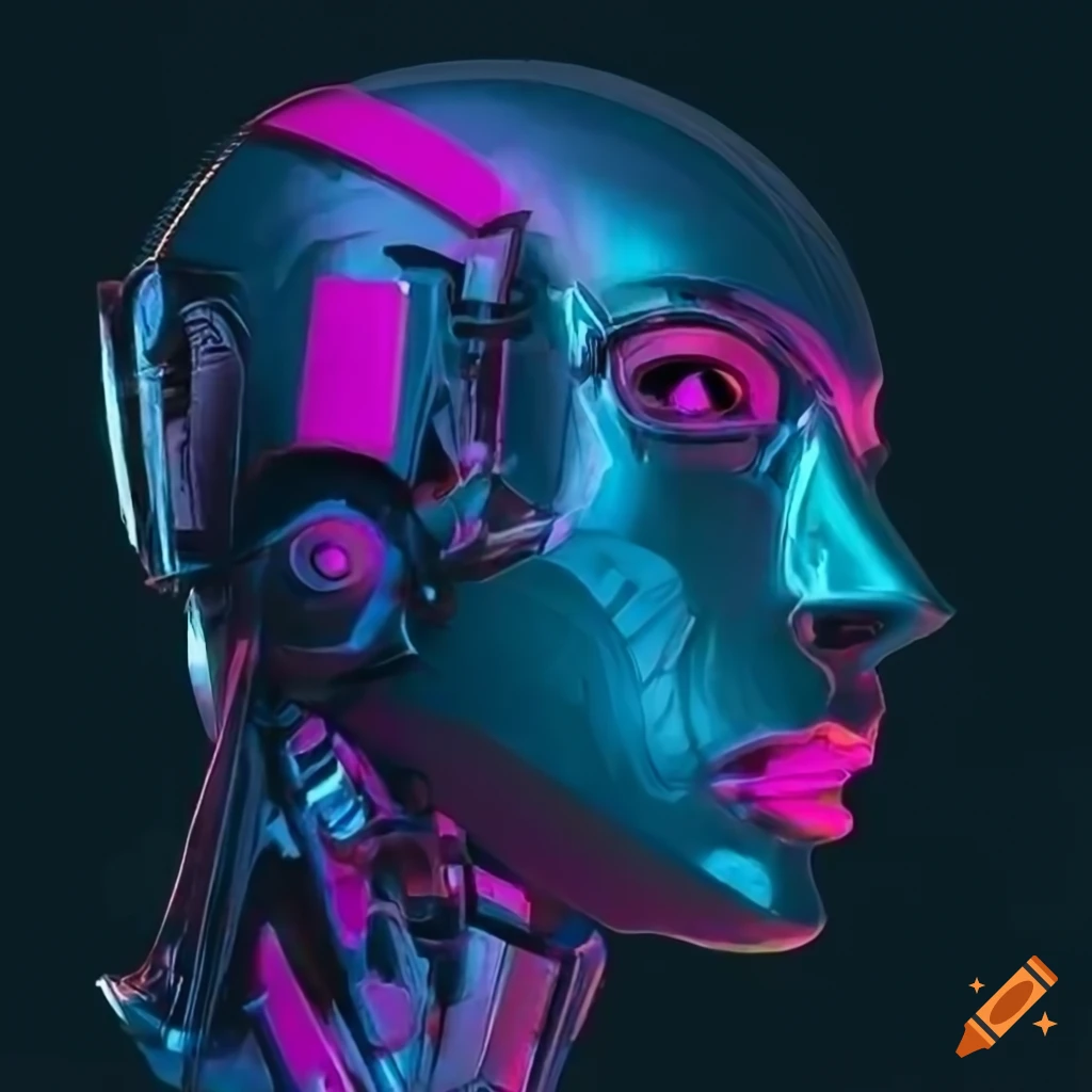 cyberpunk robot head on white background