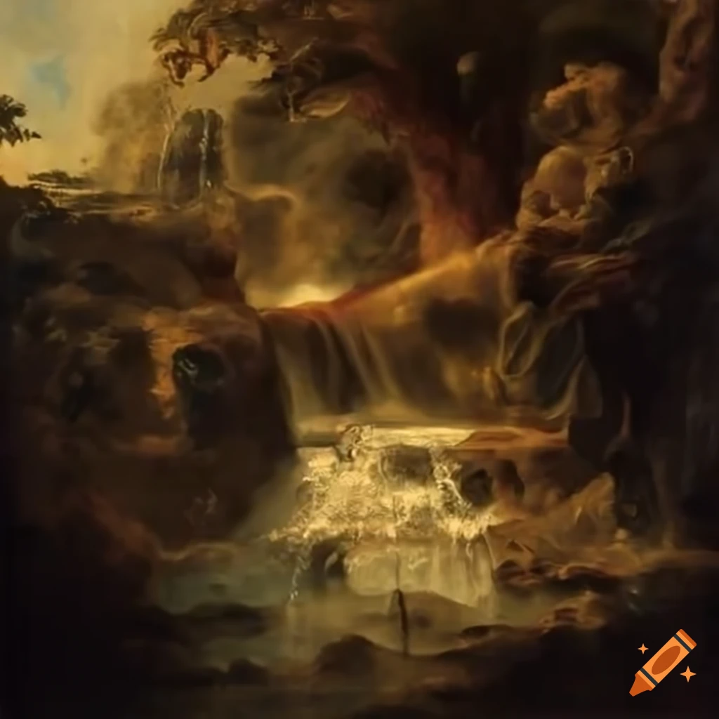 artistic depiction of a water cascade inspired by Rubens