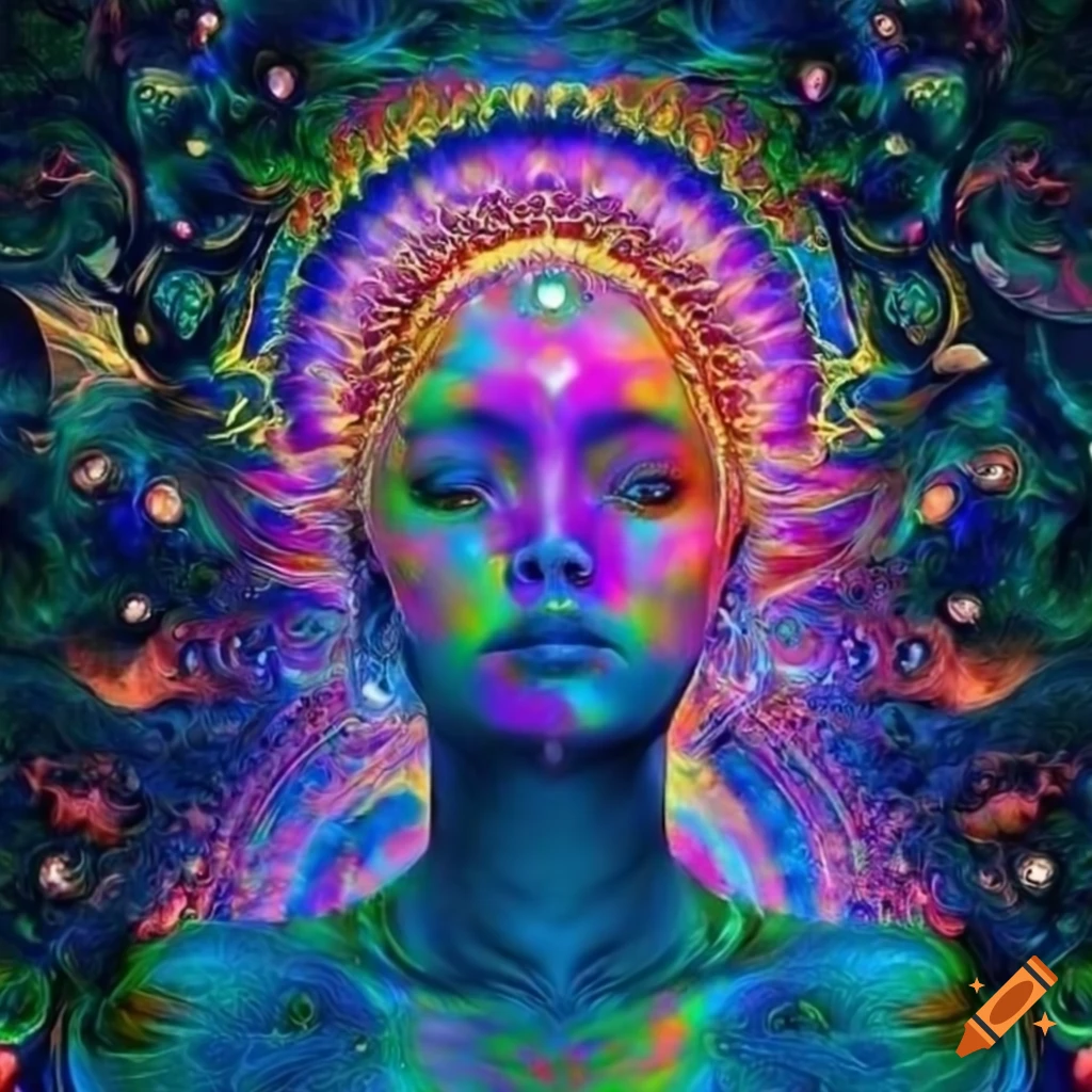 Psychedelic artwork of a goddess overlooking her kingdom on Craiyon