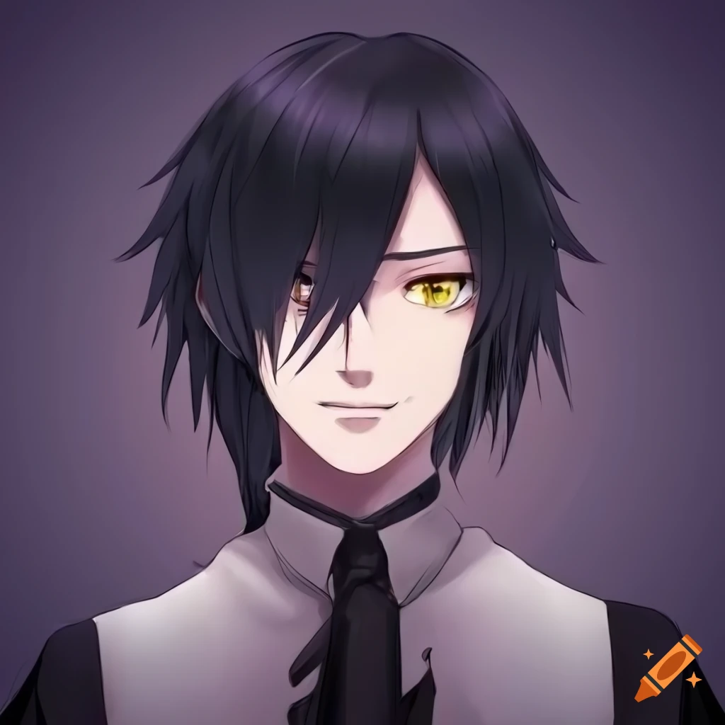 anime character with long black hair and yellow eyes