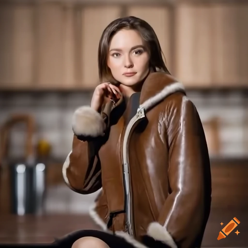close-up view of a surprised woman in winter sheepskin outfit